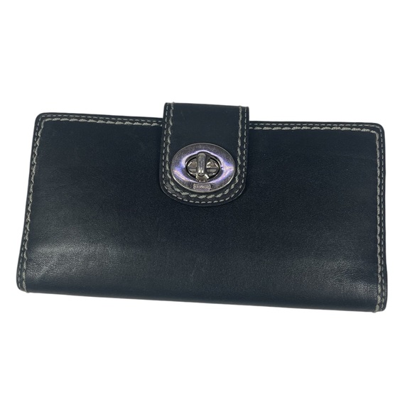 Coach Black Leather Hampton Turnlock Wallet Silver-tone Bi-fold Glove Tanned - Picture 1 of 4
